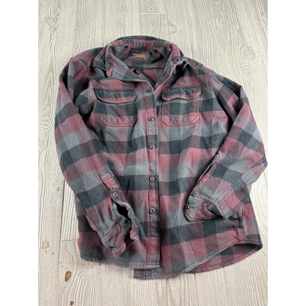 Orvis Heavy Flannel Plaid Button Up Shirt Mens Medium Burgundy Grey Pockets